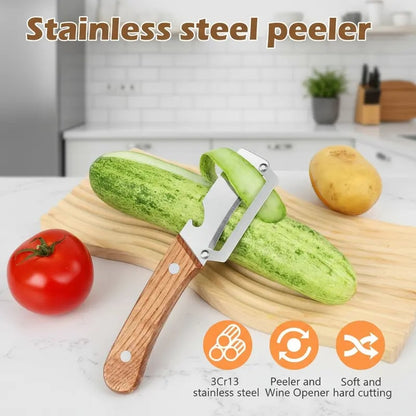 🔪✨Heavy-Duty Stainless Steel Vegetable Peeler with Ergonomic Wood Handle & Built-in Bottle Opener