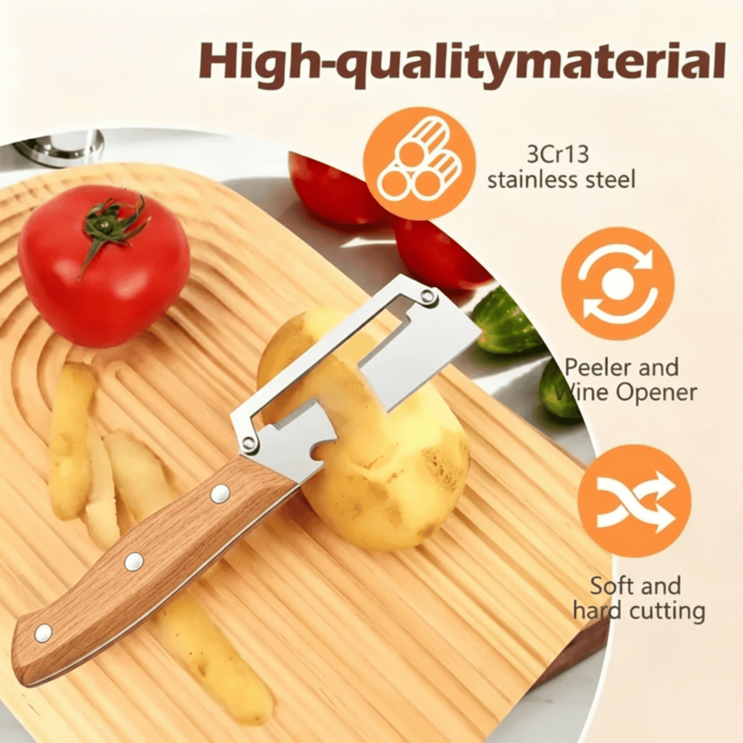 🔪✨Heavy-Duty Stainless Steel Vegetable Peeler with Ergonomic Wood Handle & Built-in Bottle Opener