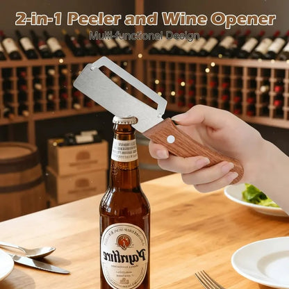 🔪✨Heavy-Duty Stainless Steel Vegetable Peeler with Ergonomic Wood Handle & Built-in Bottle Opener
